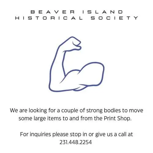 Square announcement graphic with a blue flexed-arm illustration and black text seeking help moving items.