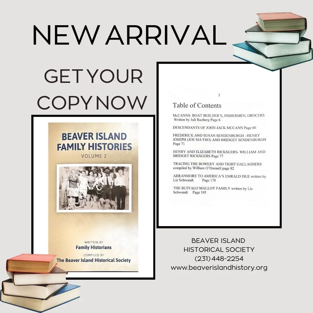Promotional graphic for a family-history book, featuring its cover, a contents page, and illustrated stacks of books.