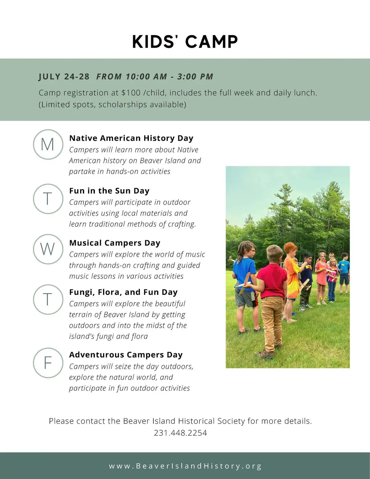 Promotional camp flyer with a weekly activity schedule and an inset photograph of children outdoors.