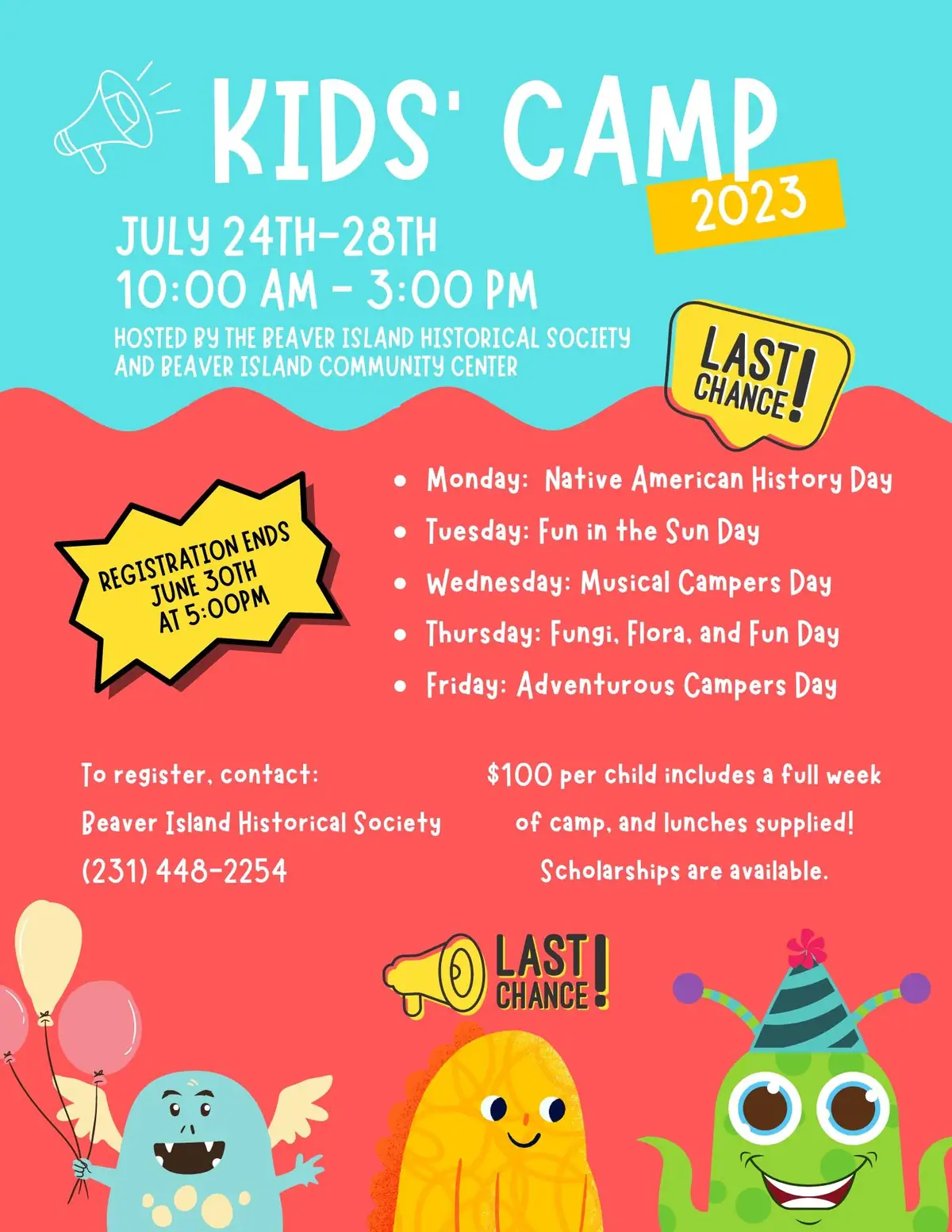Colorful illustrated flyer advertising a children's camp, with cartoon figures, balloons, megaphones, and registration details.