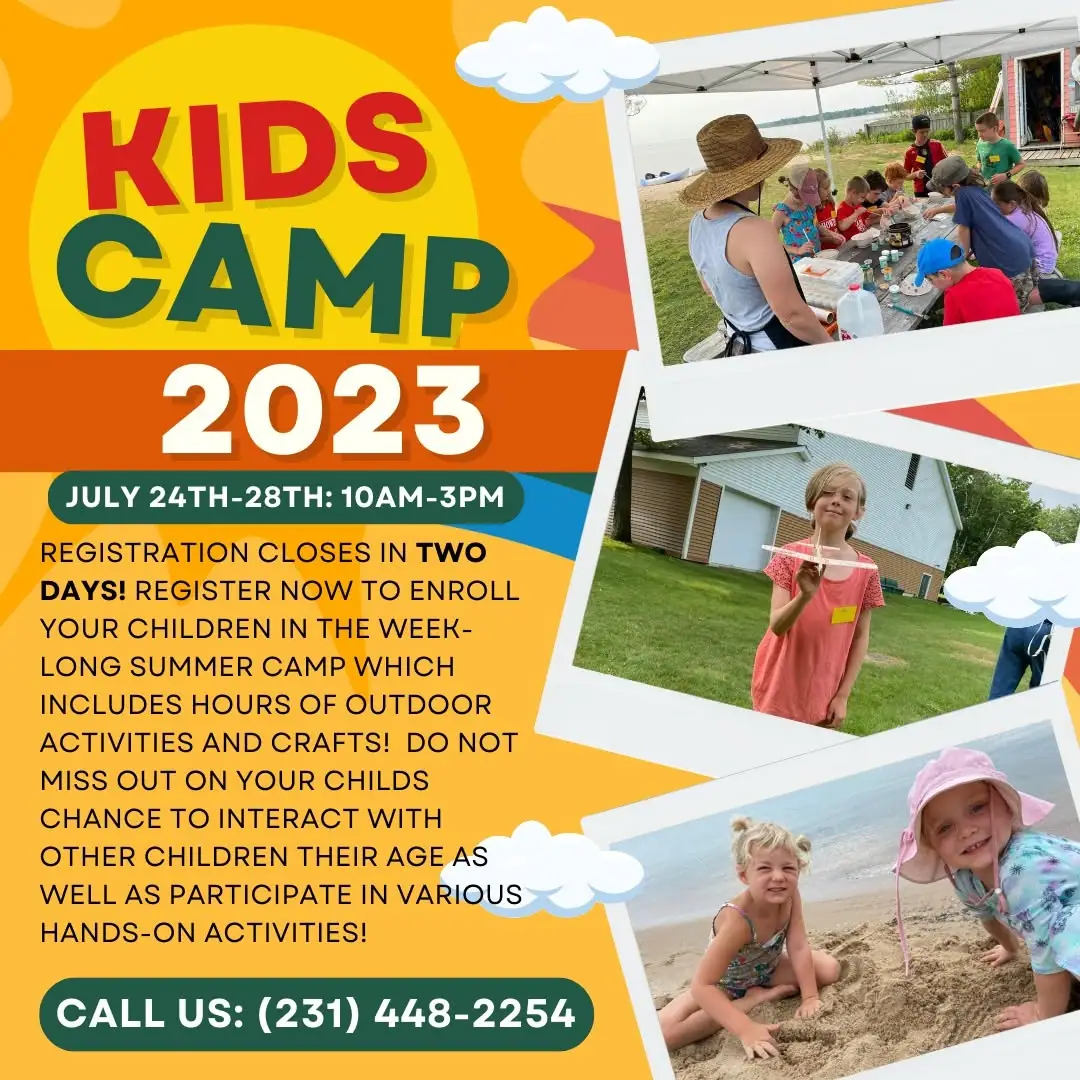 Brightly colored summer camp poster with children making crafts and playing outdoors.