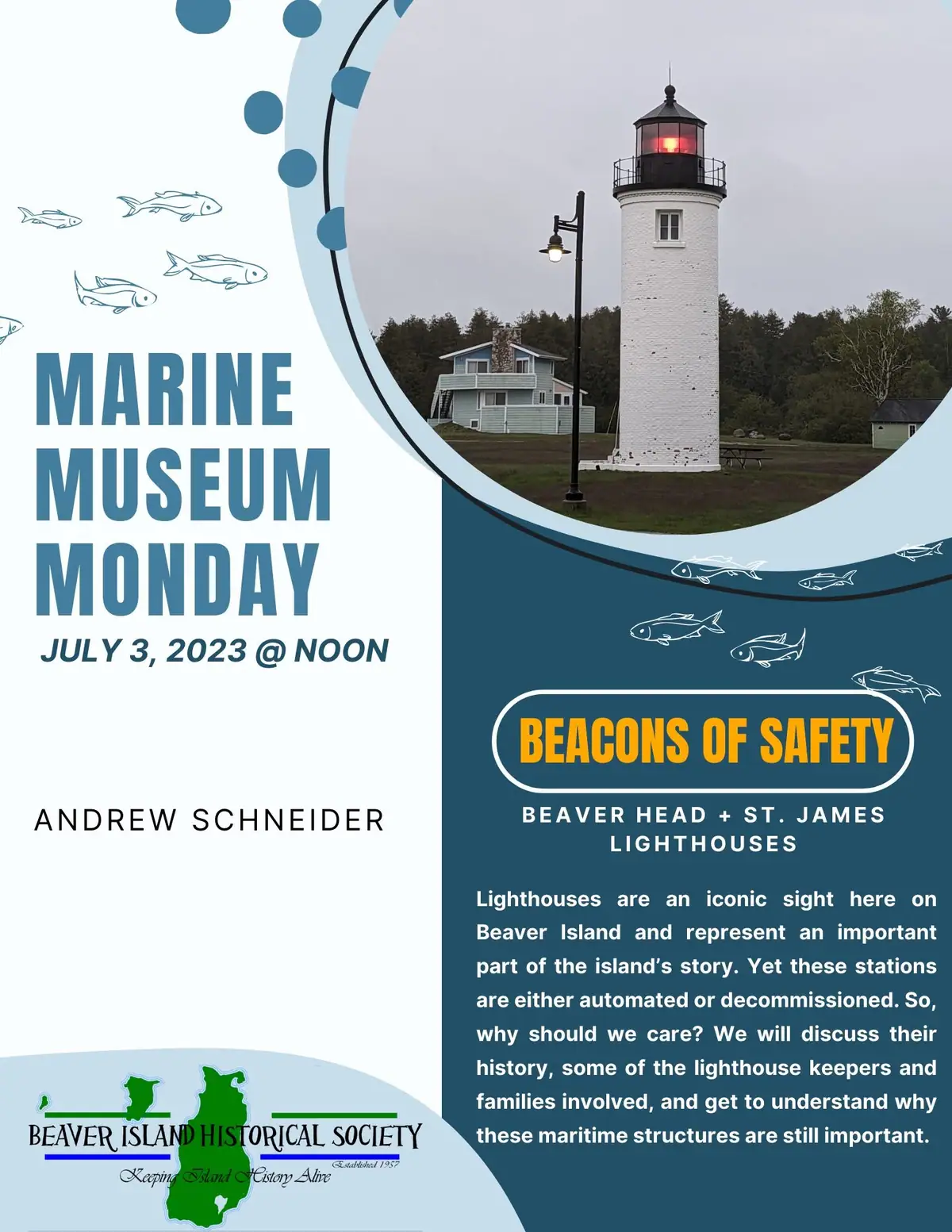Promotional poster with a lighthouse photograph, marine-themed graphics, and event text.