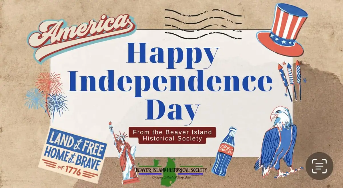 Patriotic illustrated graphic with fireworks, an eagle, a striped hat, and a greeting for Independence Day.