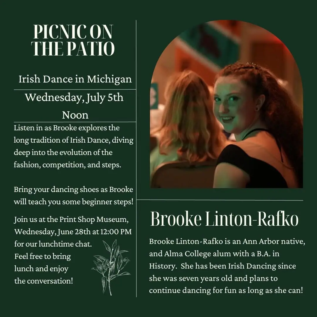Promotional graphic for an Irish dance talk, with event text, a portrait photo, and a botanical line drawing.