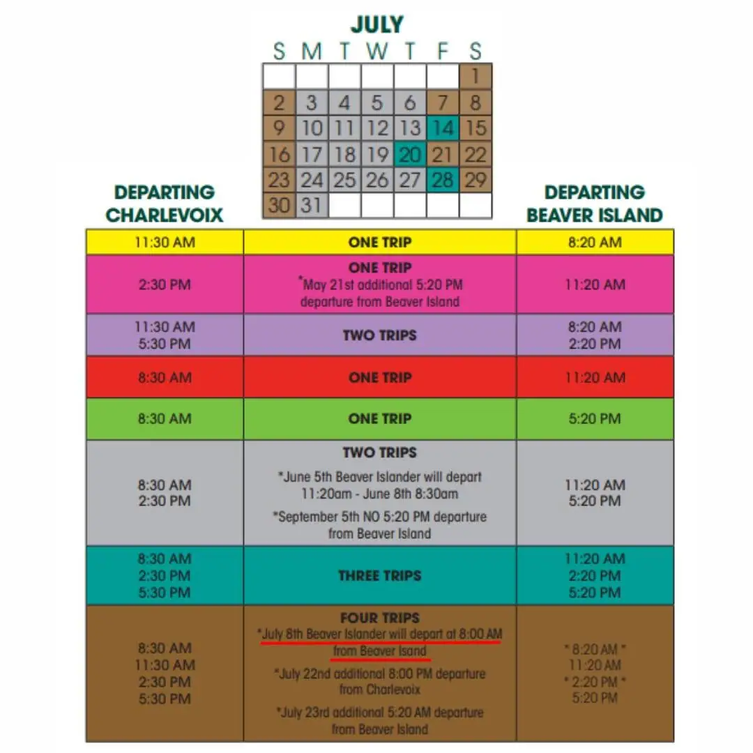 A color-coded July ferry timetable graphic with a calendar and departure times.