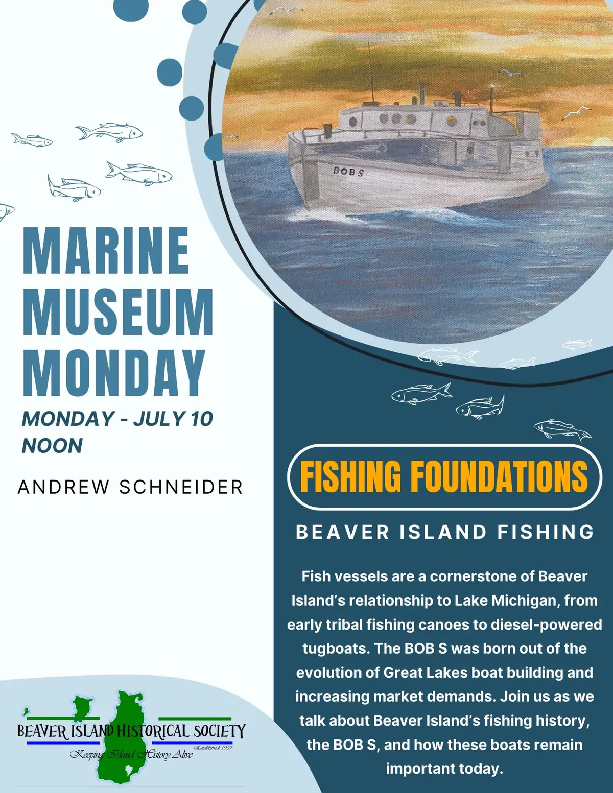 Promotional poster with a painted fishing vessel, fish illustrations, event information, and historical society logo.