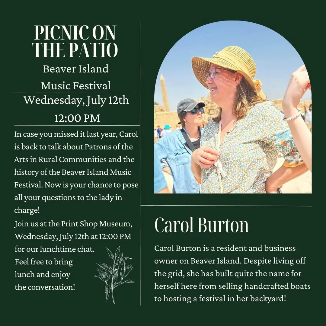 Event poster with white lettering, a color portrait of a woman in a sunhat, and a botanical line drawing.