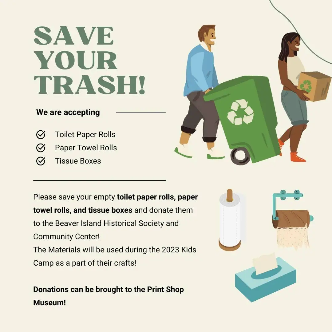 Illustrated recycling poster showing two people handling a recycling bin and cardboard box beside a list of materials.