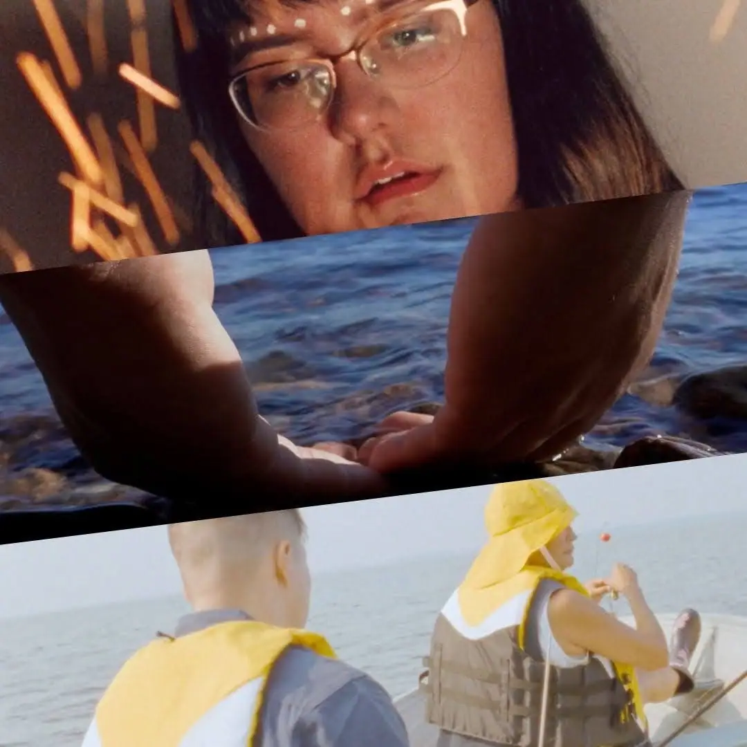 Collage of a woman in glasses, hands in water, and two people wearing life jackets in a small boat.