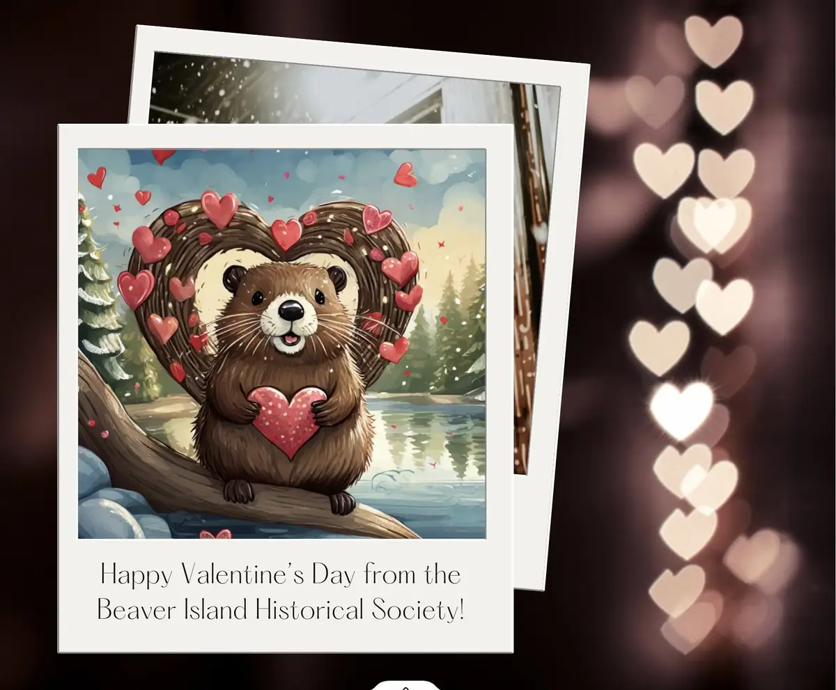 Illustrated beaver holding a red heart in a winter greeting-card design surrounded by smaller hearts.