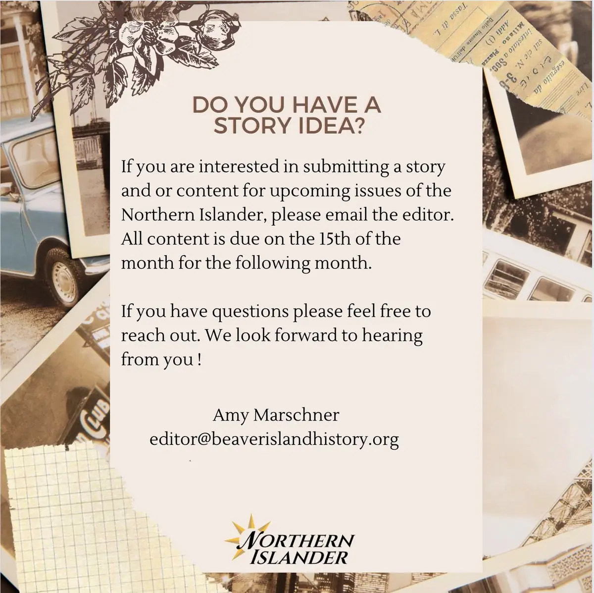 A designed announcement card invites story submissions for a publication and provides an editor’s email address.