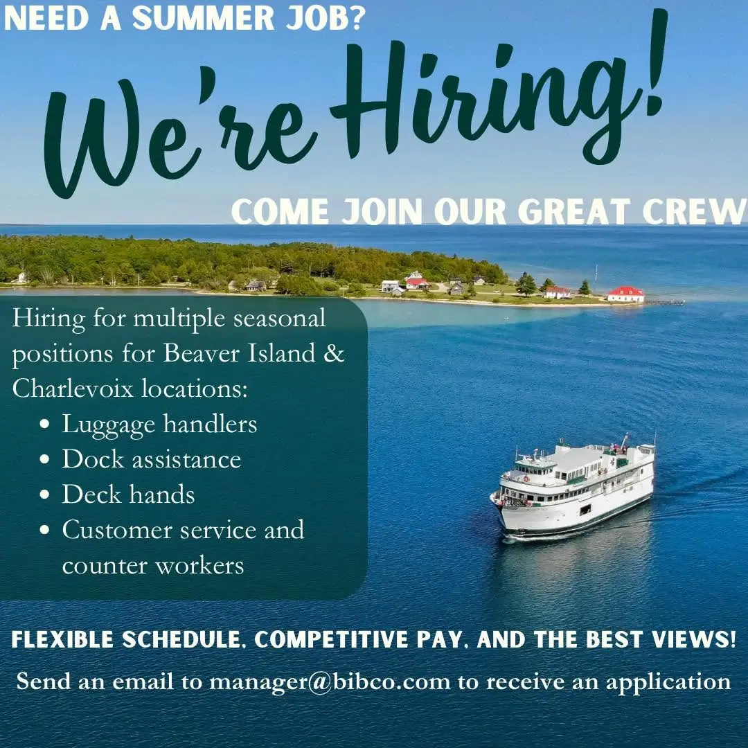 Recruitment graphic with a passenger ferry, shoreline, and seasonal job information.