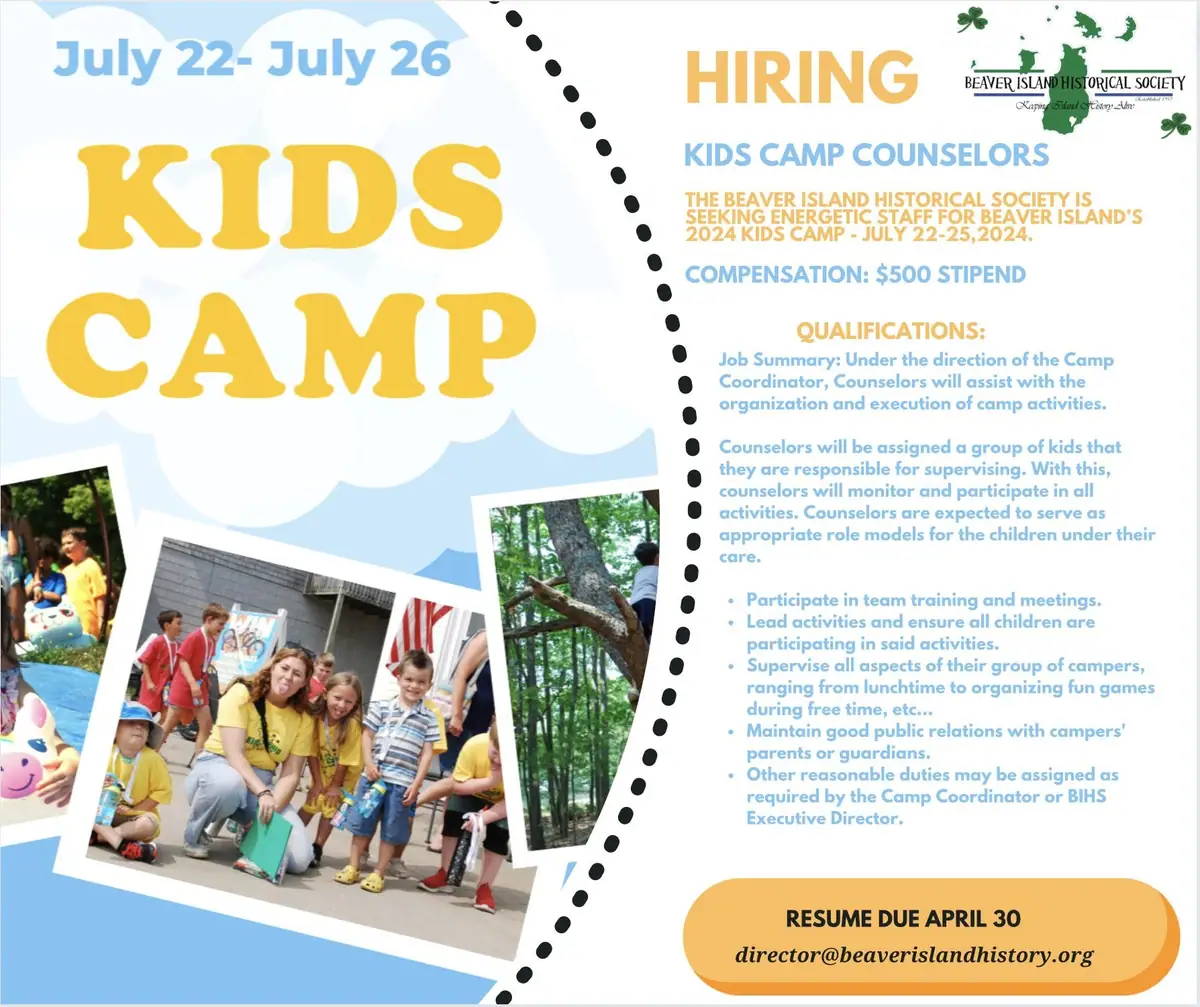 Recruitment flyer for a children's camp counselor program, with text and a collage of photographs of children and adults.