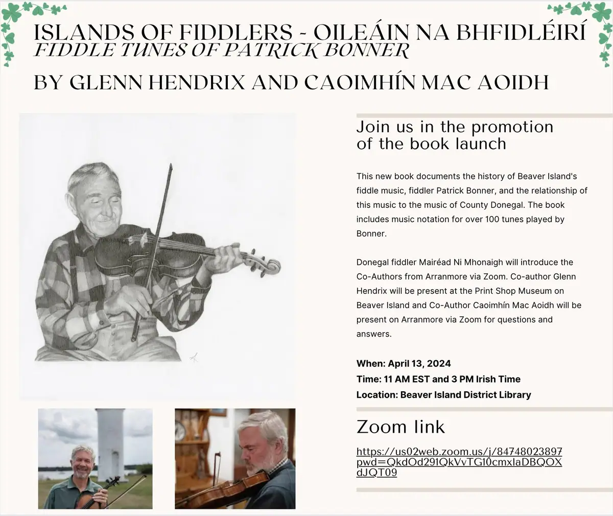 Promotional poster with text about a fiddle-music book launch and images of musicians playing fiddles.
