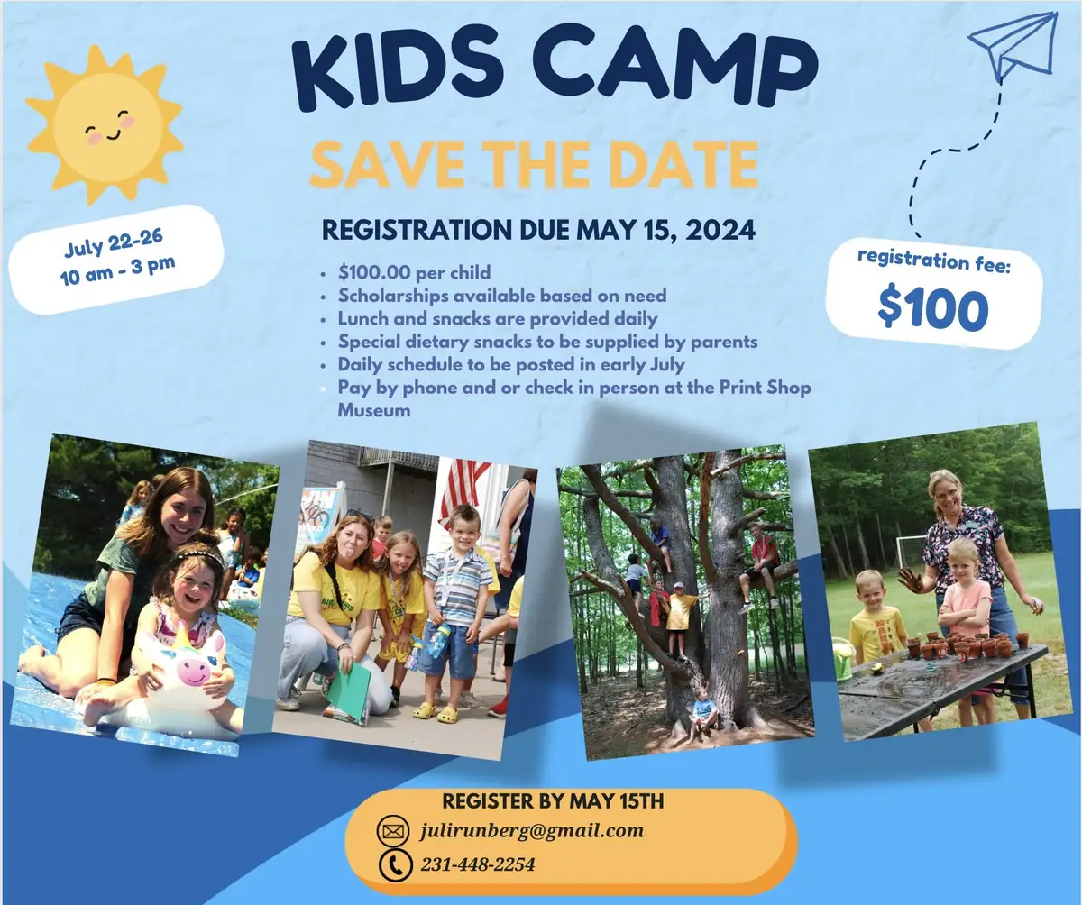 Illustrated children’s camp poster with registration information and four photographs of children outdoors.