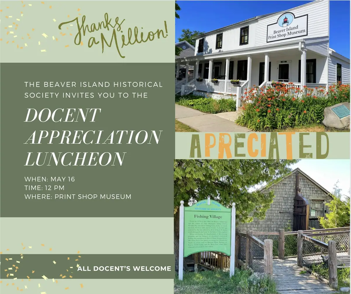 Graphic luncheon announcement with historic buildings, gardens, interpretive signage, and large event lettering.