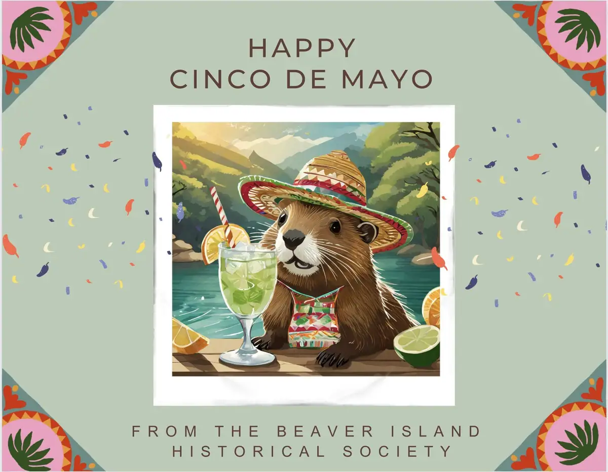 Illustrated beaver in a sombrero holding a citrus drink beneath celebratory Cinco de Mayo lettering.