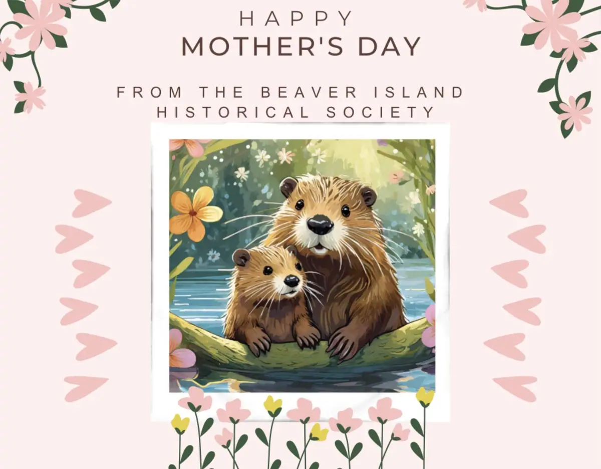 Illustrated greeting card showing two beavers on a log surrounded by flowers and decorative hearts.