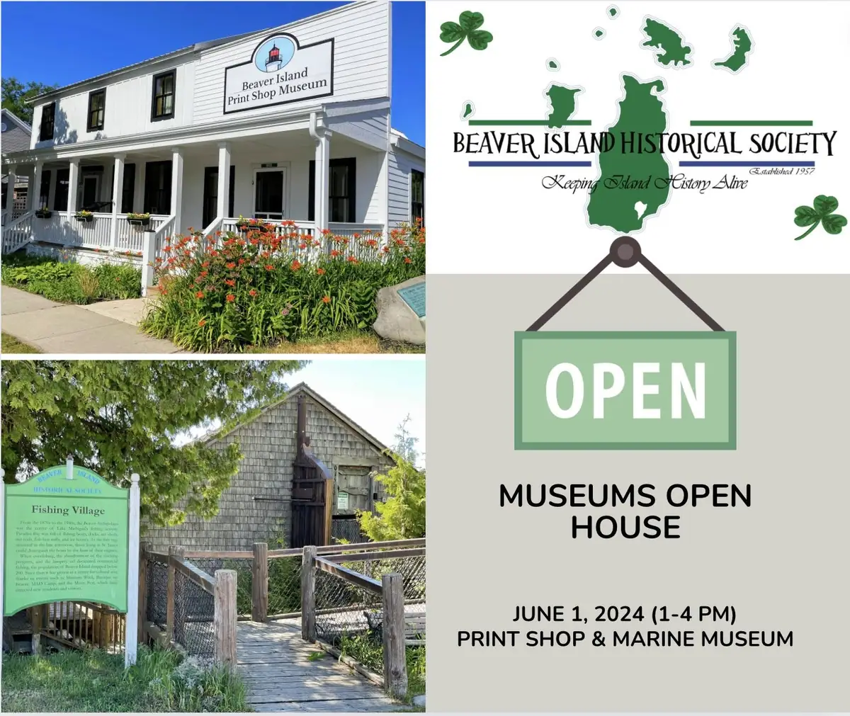 Collage of two museum buildings and an open-house announcement graphic with signs and flowering gardens.