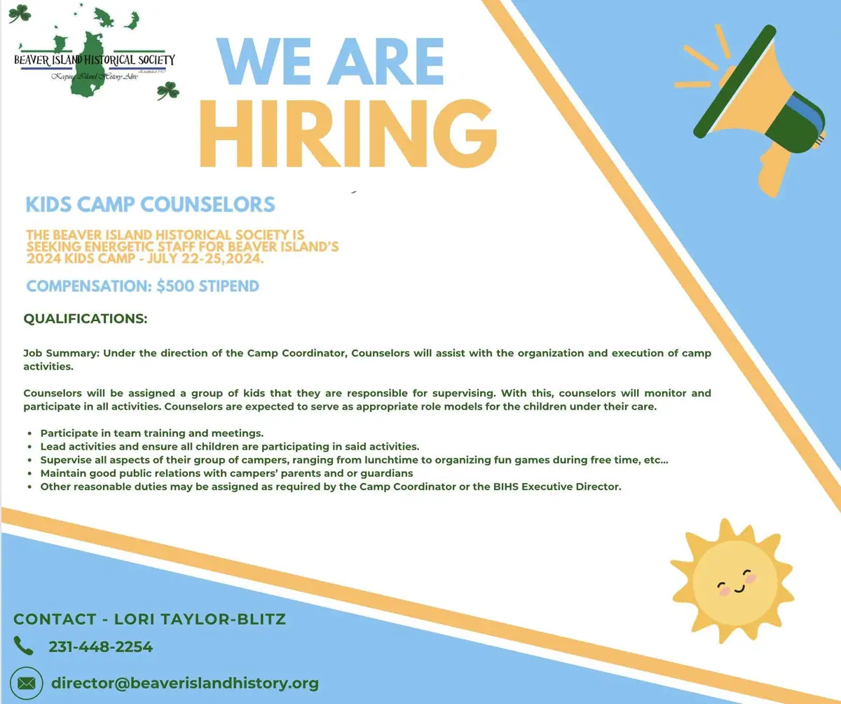 Recruitment flyer seeking kids' camp counselors, with qualifications, stipend, contact details, and colorful illustrations.