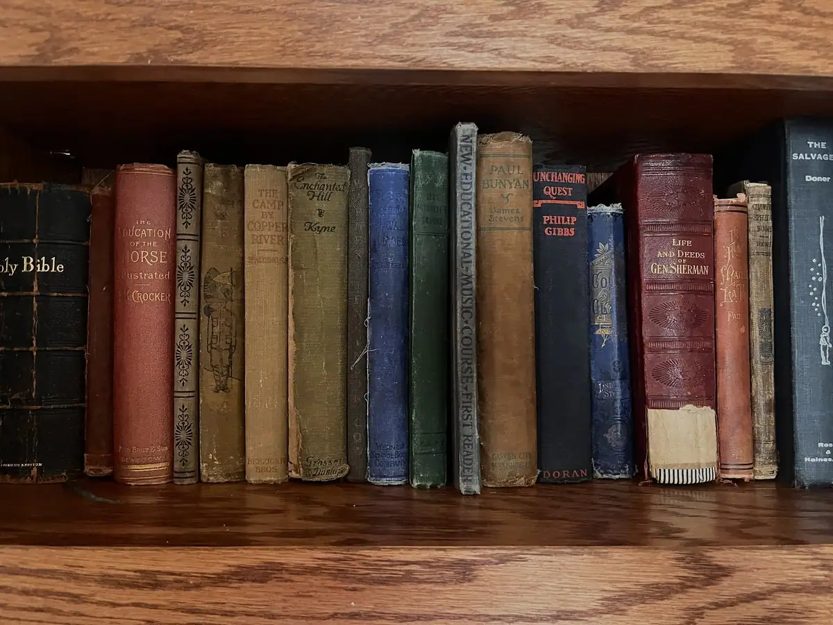 A row of worn, colorful books stands on a wooden bookshelf.