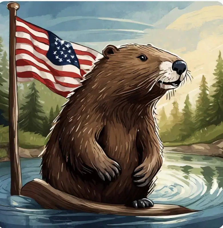 Stylized illustration of a beaver perched on a log in flowing water with an American flag and evergreen trees behind it.