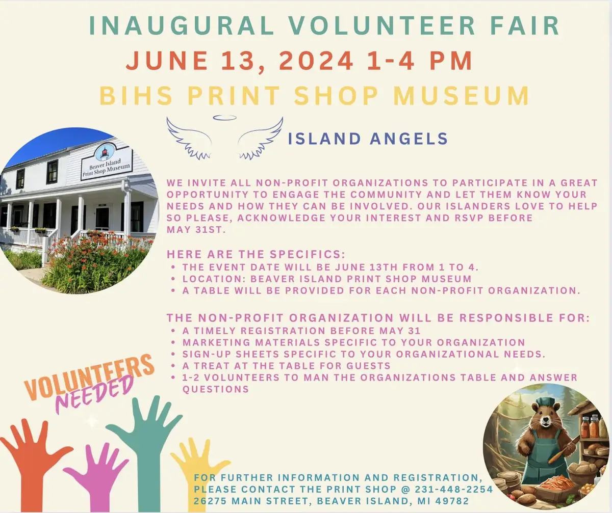 Colorful volunteer fair poster with event details, a building photo, raised hands, and illustrated figures.
