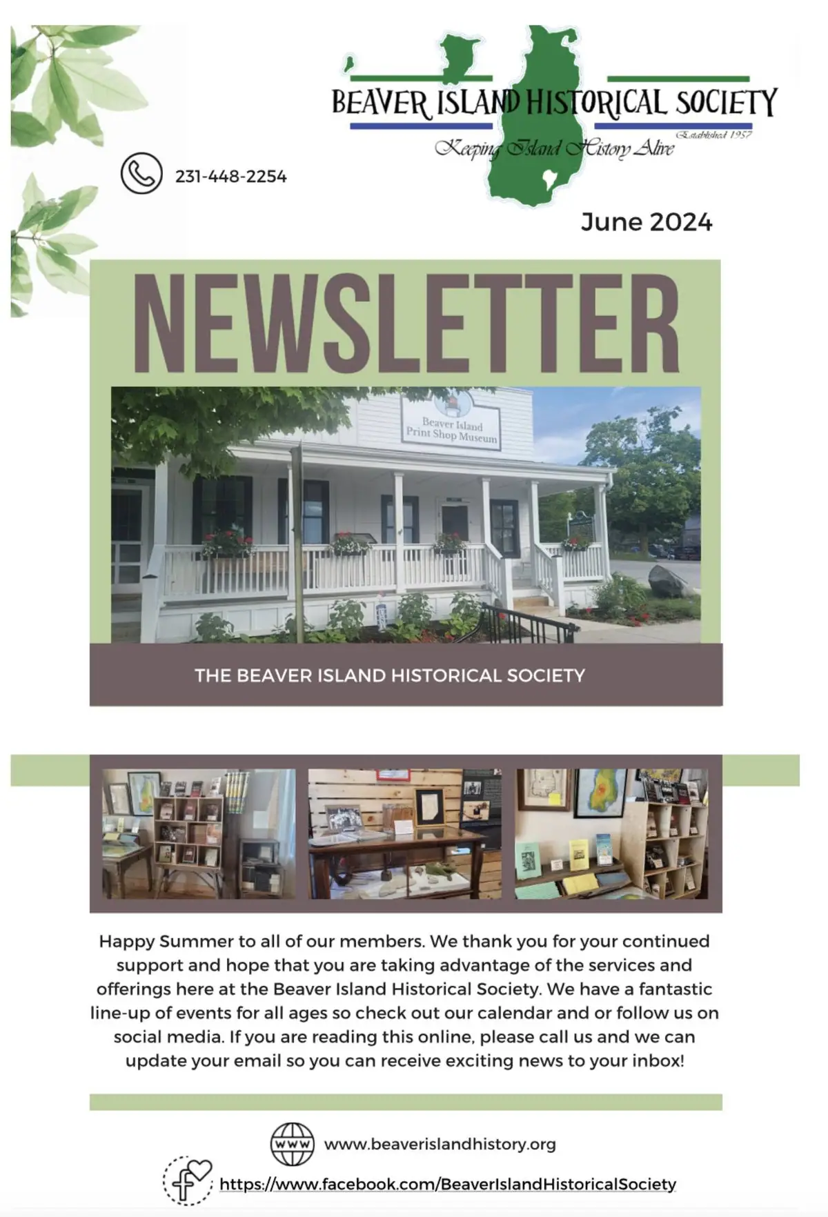 A designed newsletter page with a historical society header, a building photograph, smaller display photographs, and informational text.