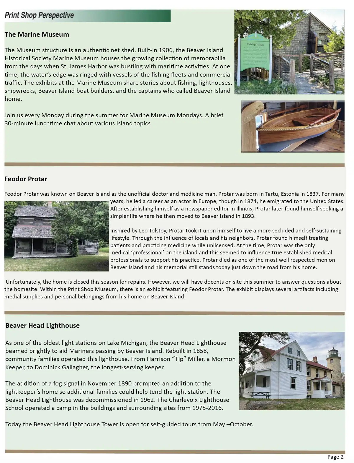 Printed brochure page with sections on a marine museum, a historic homestead, and a lighthouse.