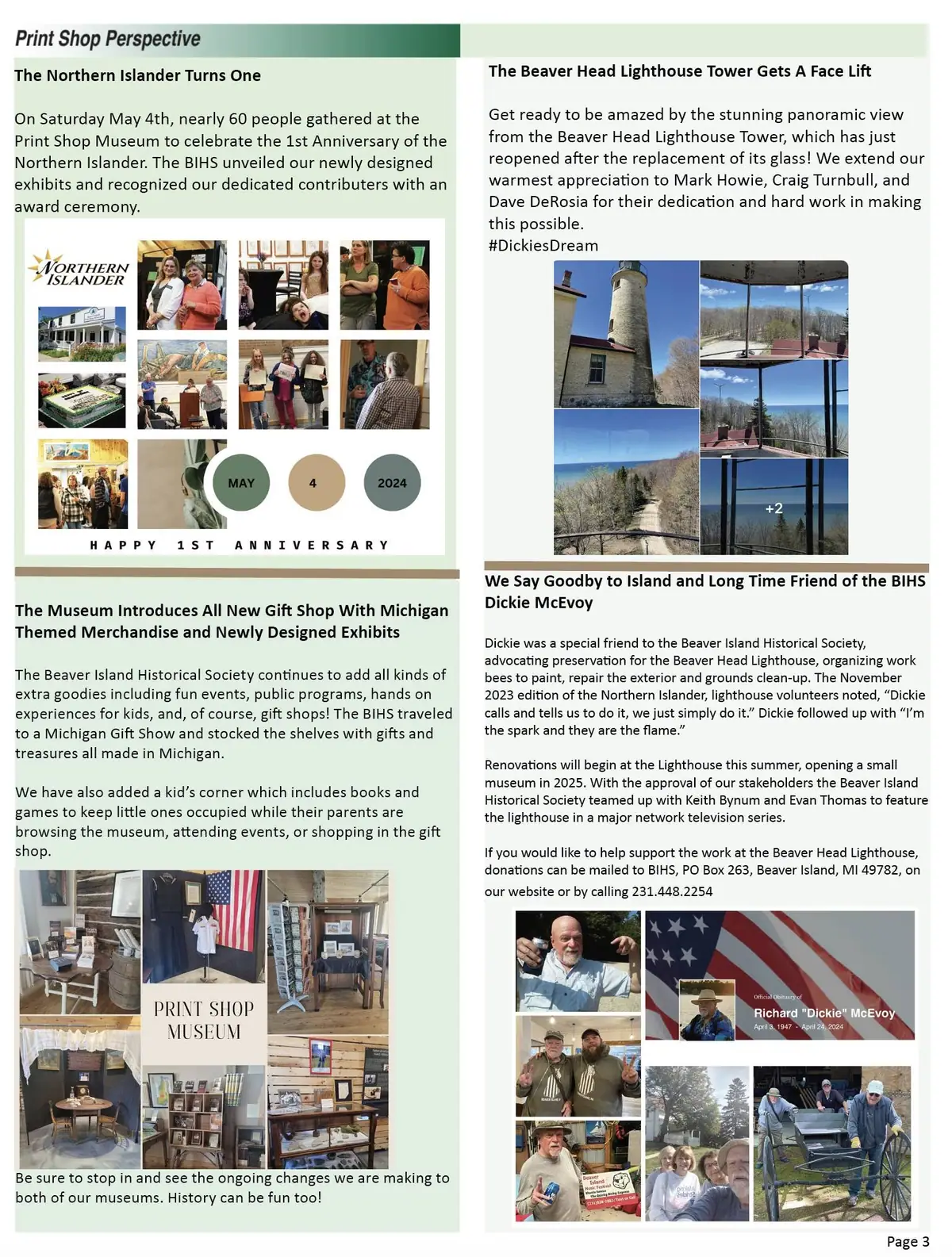 A newsletter page with feature articles, photo collages, and a large anniversary date graphic.