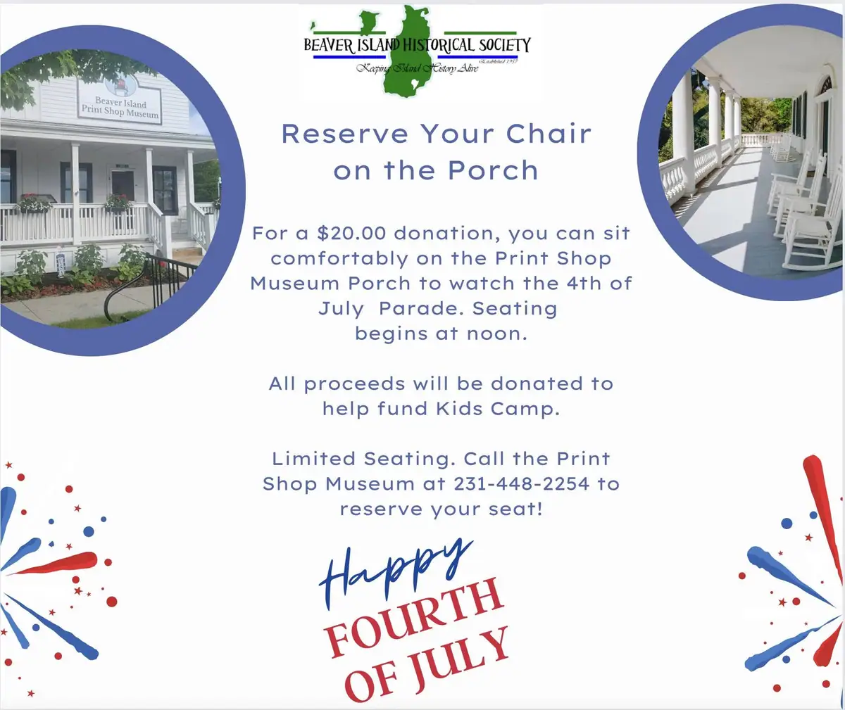 Promotional poster offering porch seating to watch a Fourth of July parade.