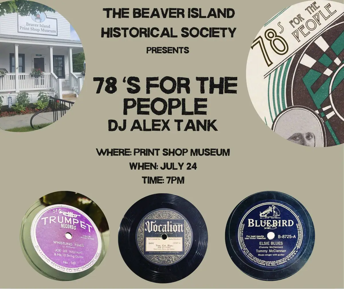Promotional poster featuring 78 rpm records, event lettering, and an inset photograph of a white building.