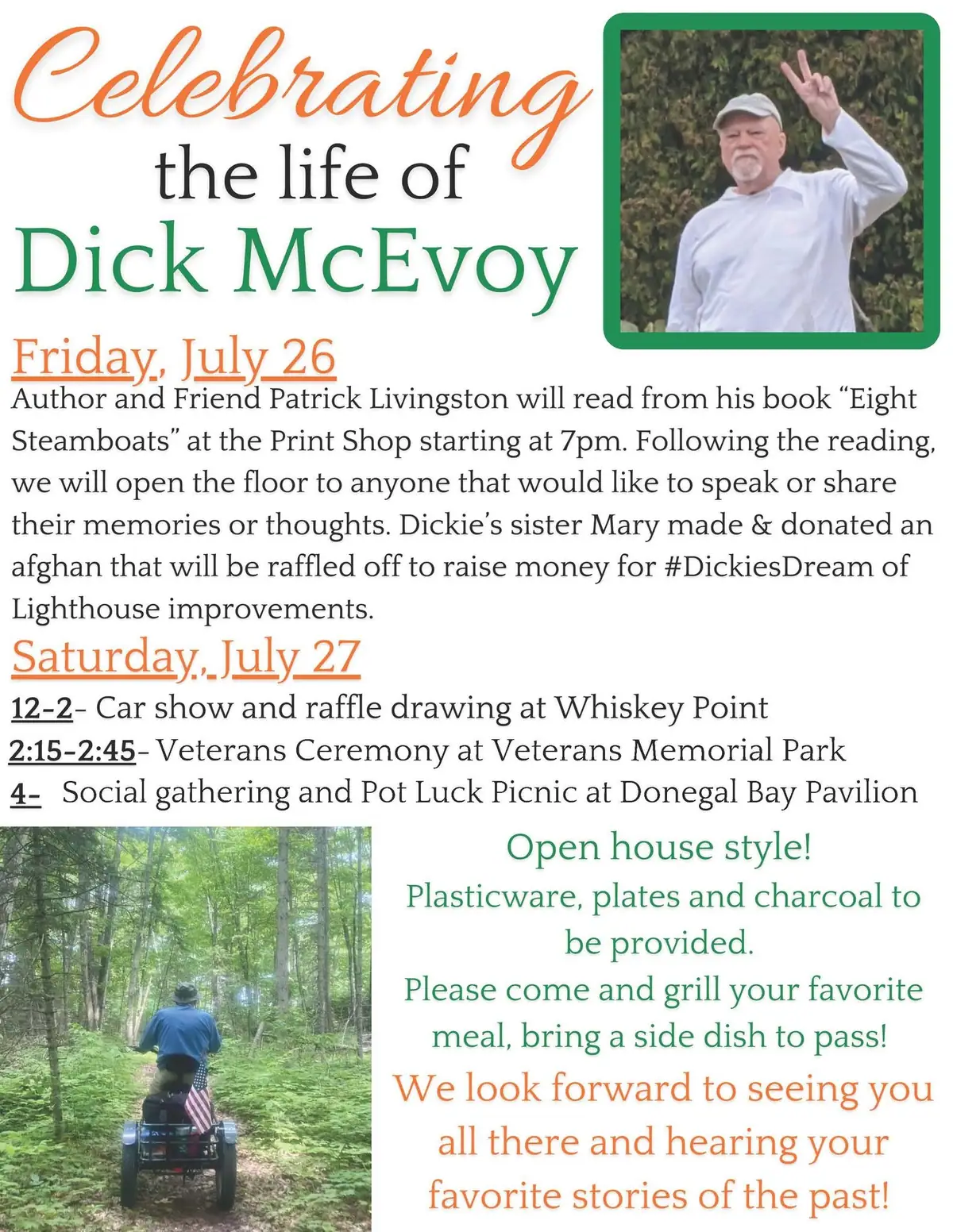 Event flyer with a portrait, schedule, and photographs promoting a celebration of life and community activities.