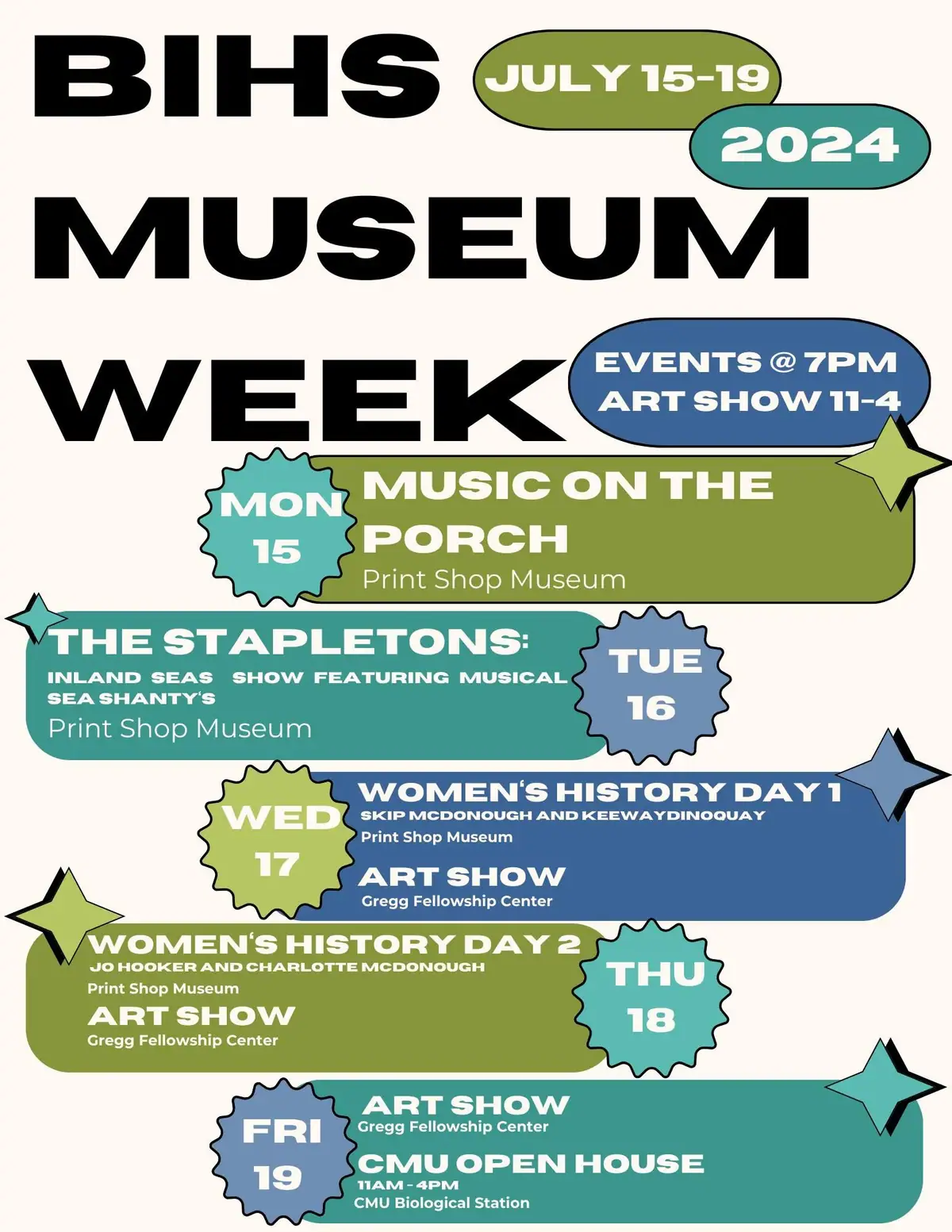 Colorful illustrated poster listing a week of museum events, performances, an art show, and an open house.