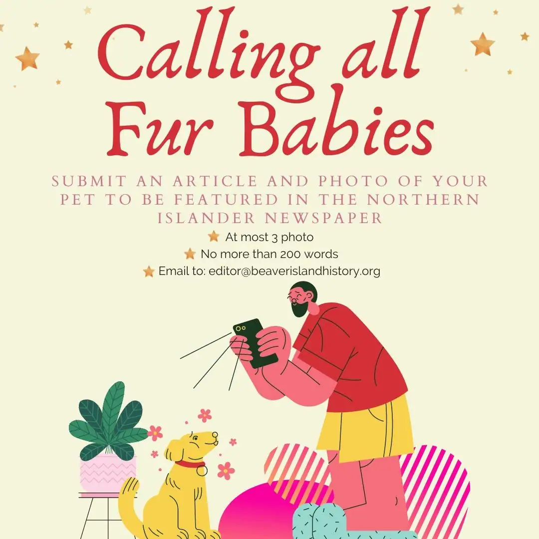 Illustrated poster inviting people to submit articles and photos of their pets for a newspaper.