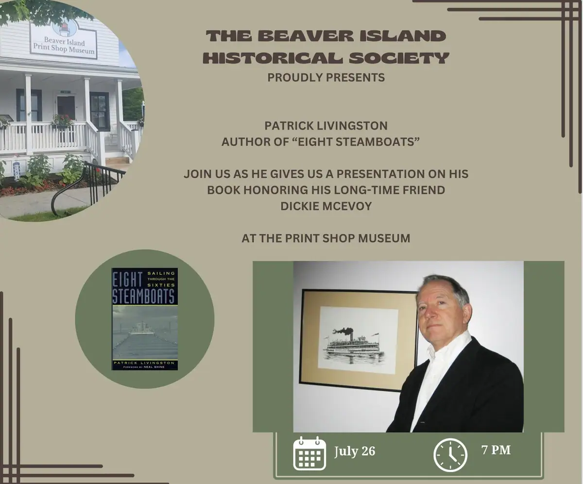 Promotional poster for a historical presentation, featuring a museum exterior, a book cover, and a portrait of a man.