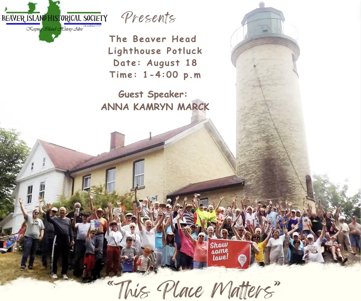 Promotional graphic showing a lighthouse, adjacent building, and a large crowd waving outdoors.
