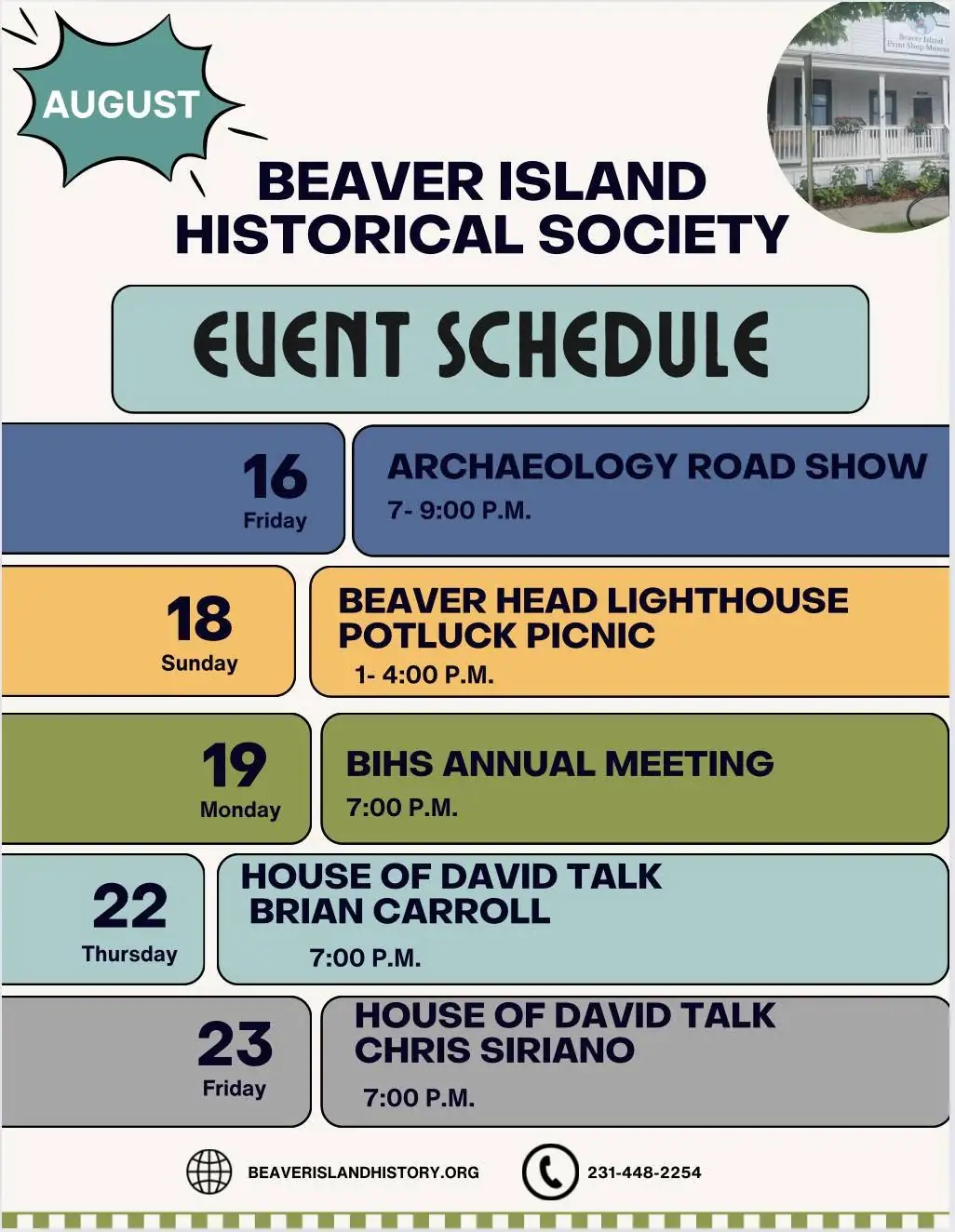 Event schedule graphic with August programs and a circular photograph of a white museum building.