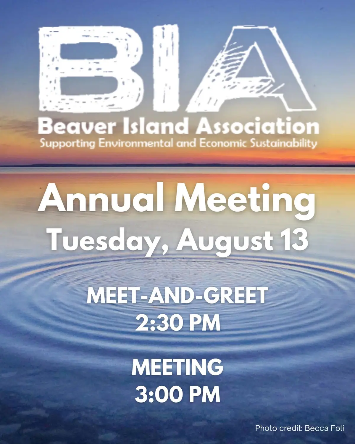Graphic announcement with white lettering over a sunset-and-water background promoting an annual meeting.
