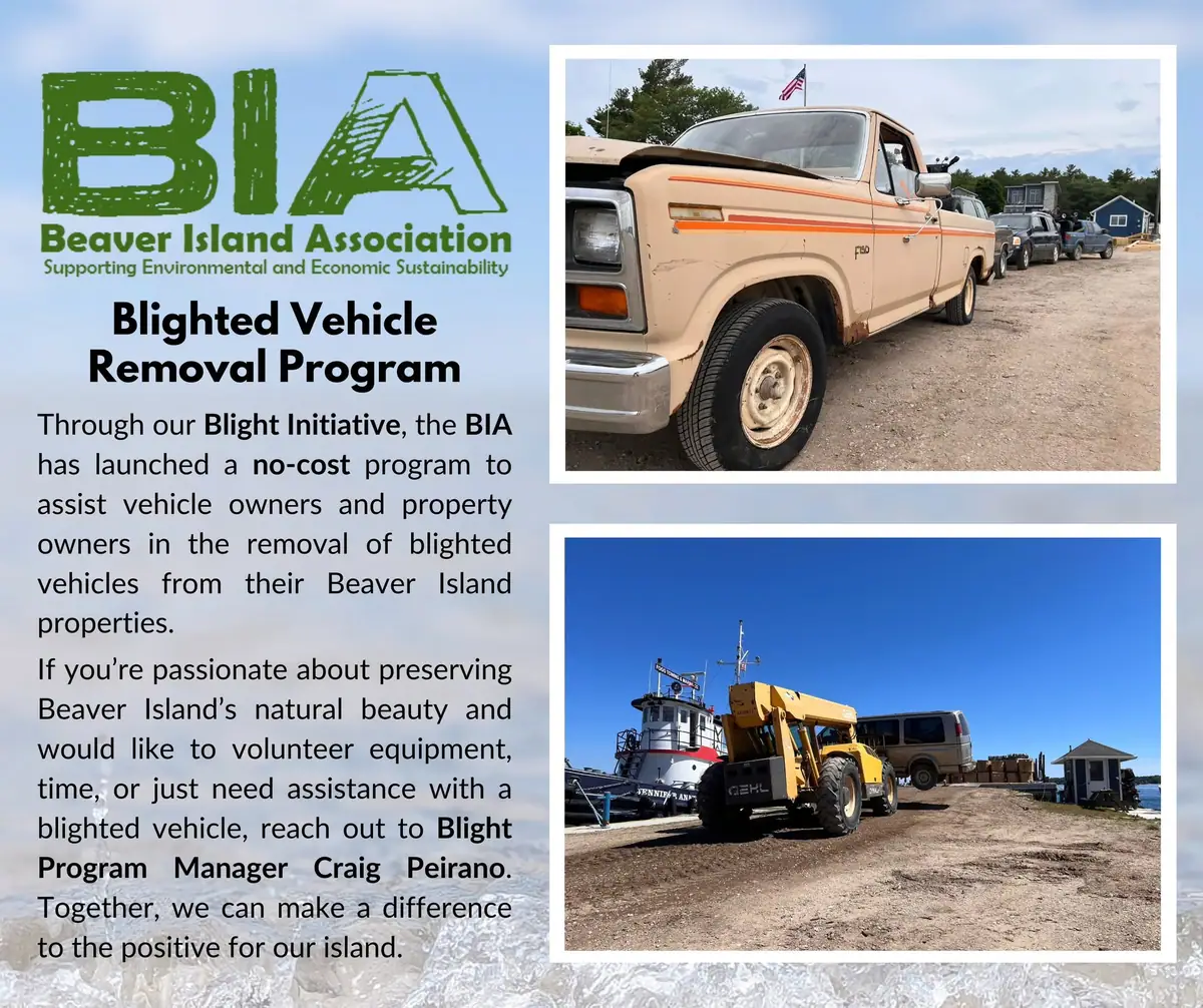 Promotional graphic for a blighted vehicle removal program with text, a truck, cars, heavy equipment, and a workboat.
