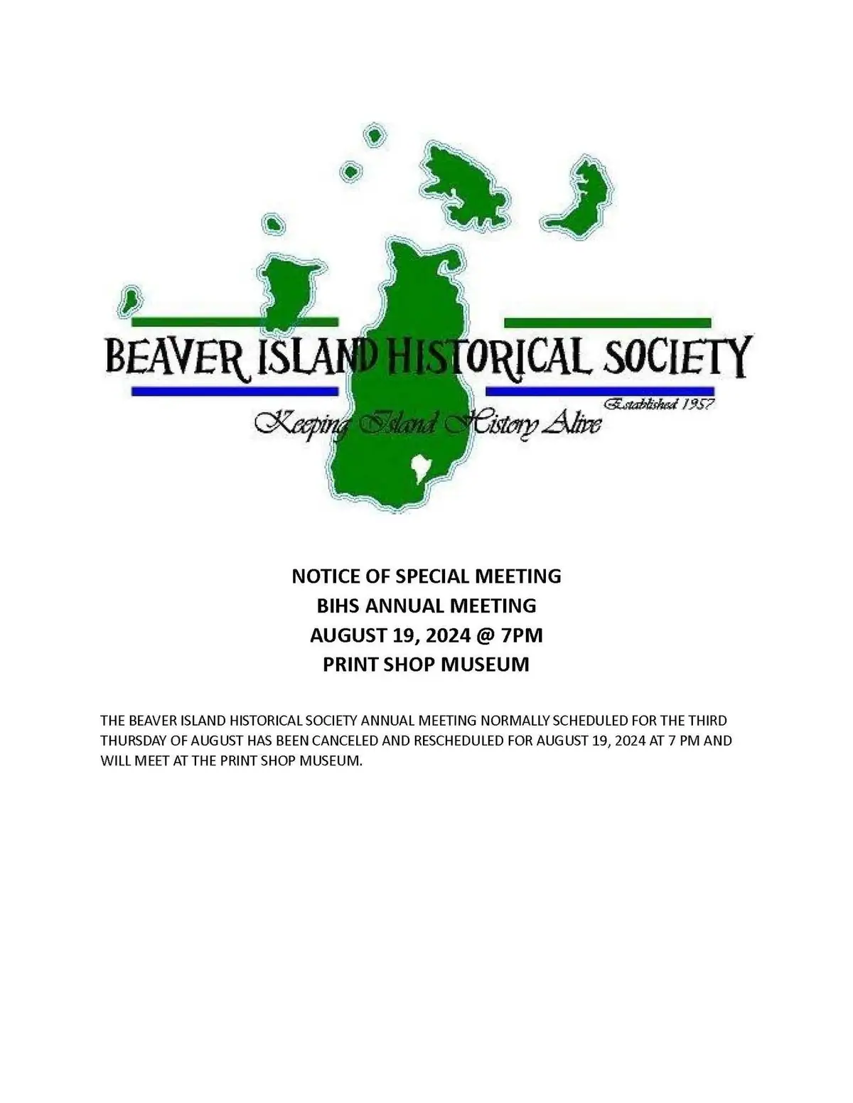 Announcement flyer with a green organizational logo and notice of a special annual meeting.