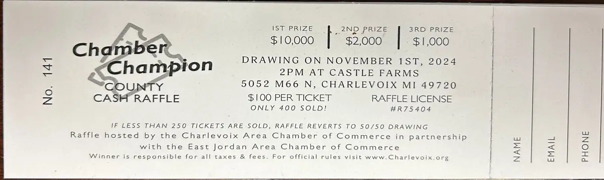 A printed Chamber Champion county cash raffle ticket with prize amounts, drawing details, and blank contact fields.