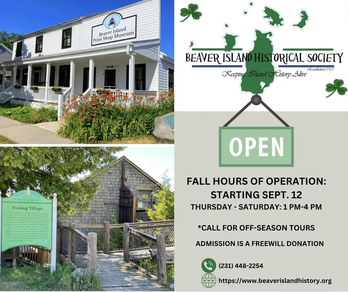 Collage showing two museum buildings and a promotional panel with fall hours and admission information.