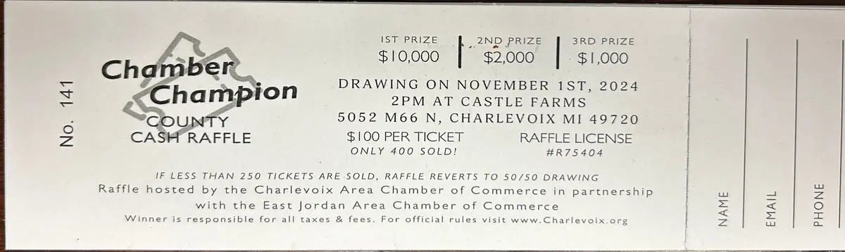 A printed cash raffle ticket advertises three cash prizes and includes blank fields for name, email, and phone.