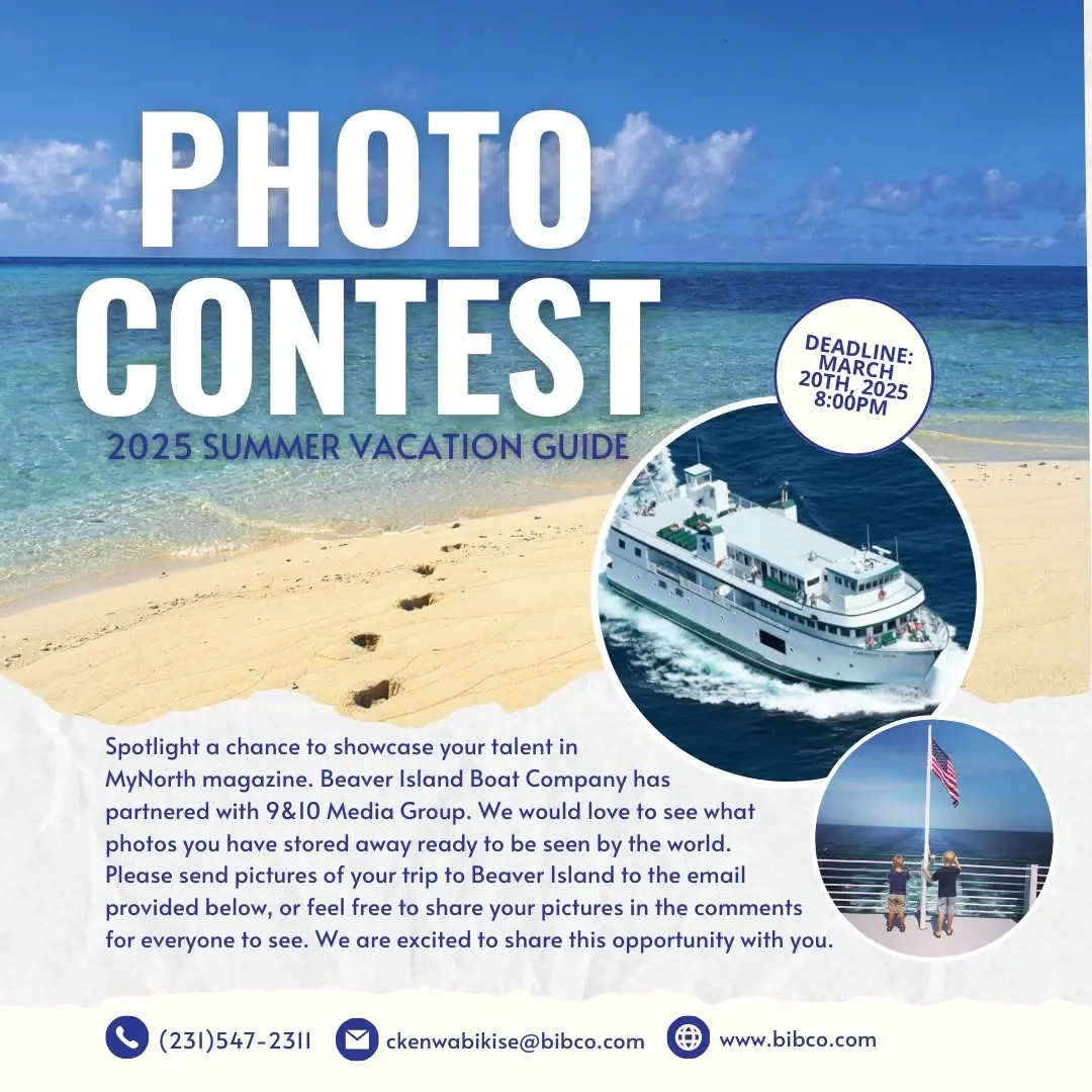 Promotional graphic featuring a beach, ferry photograph, circular inset of two people, and large photo contest lettering.