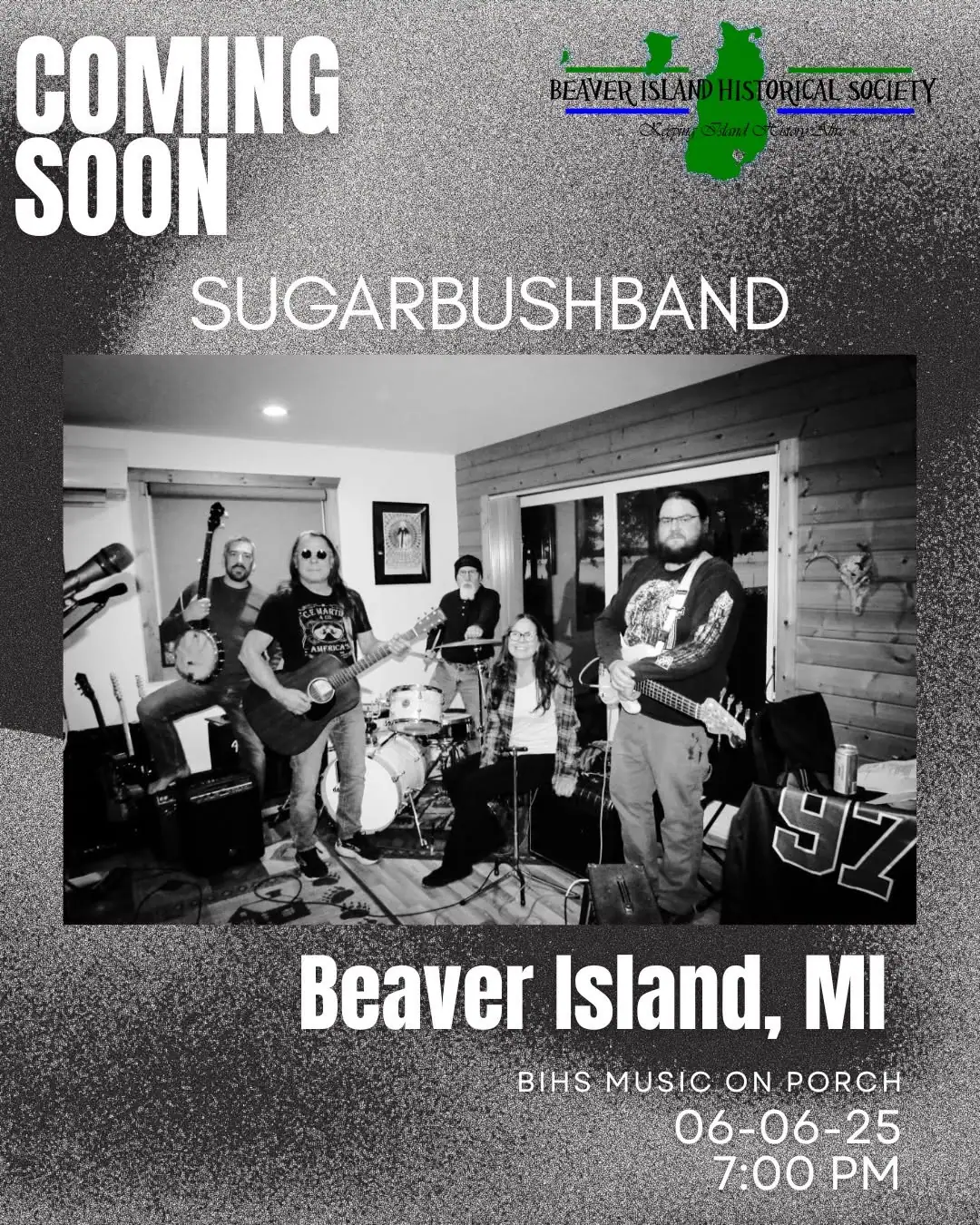 Promotional poster featuring a six-person band performing with guitars, banjo, drums, and microphones.