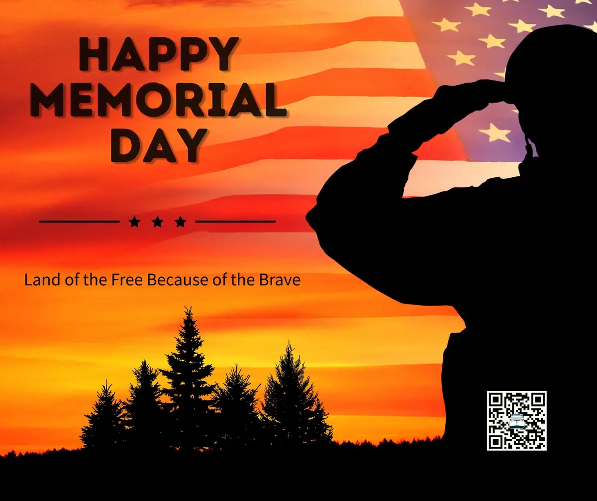 Patriotic graphic with Memorial Day text, an American flag, a saluting silhouette, trees, and a QR code.