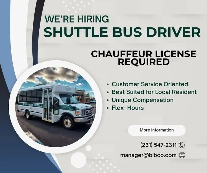 Recruitment graphic featuring a shuttle bus and text seeking a chauffeur-licensed driver.