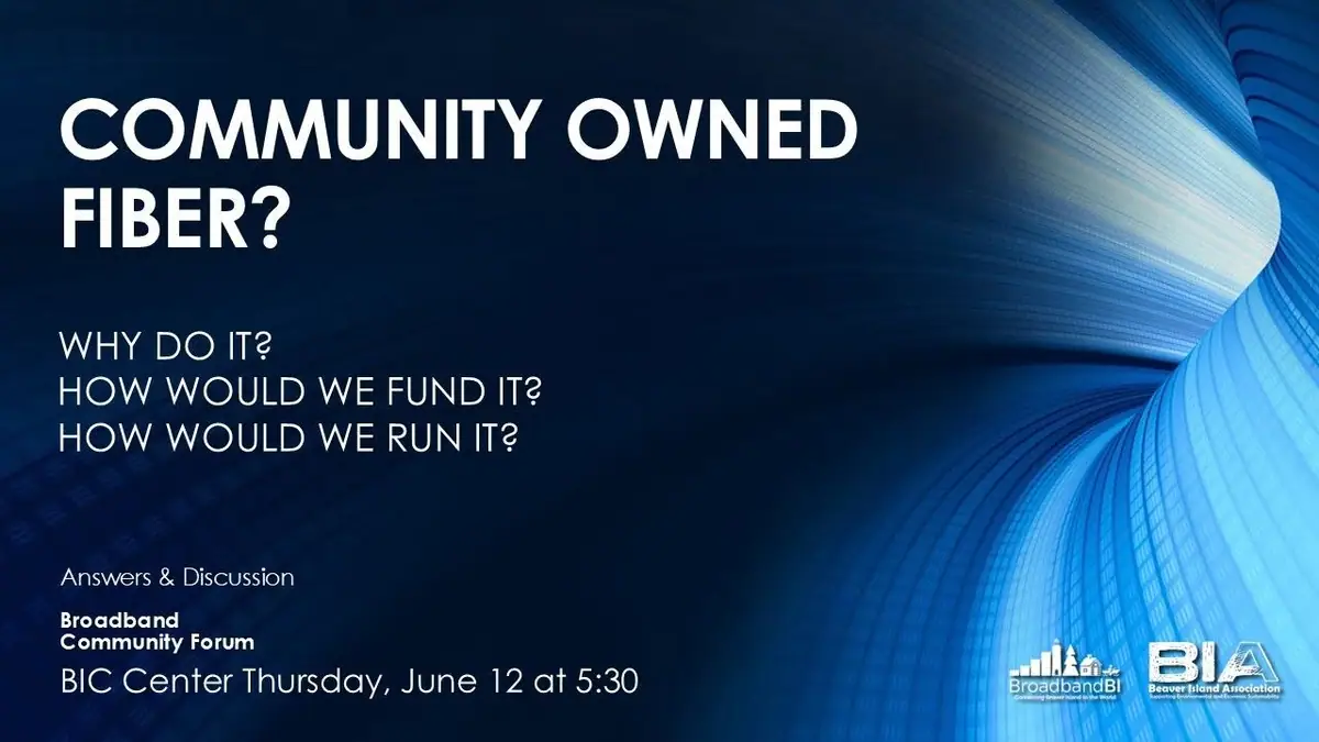 Blue informational poster asking how a community-owned fiber network could be funded and operated.