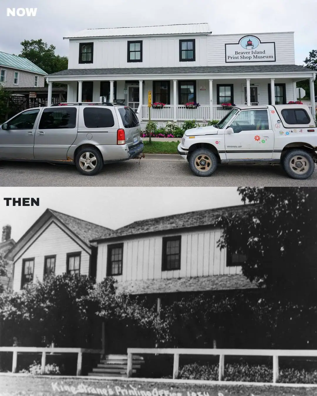 Composite showing a present-day white print shop museum beside an older black-and-white view of the building.